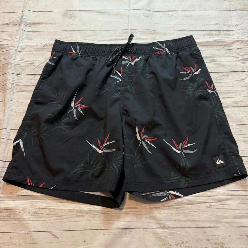 Quicksilver Boardshorts Swim Trunks Black‎ Floral Men's Size XL